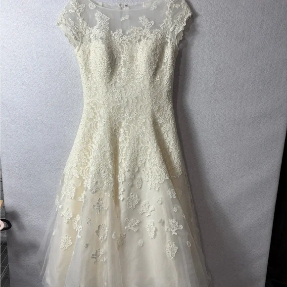 Ivory Lace A-Line Dress with Sheer Cap Sleeves - Picture 2 of 6